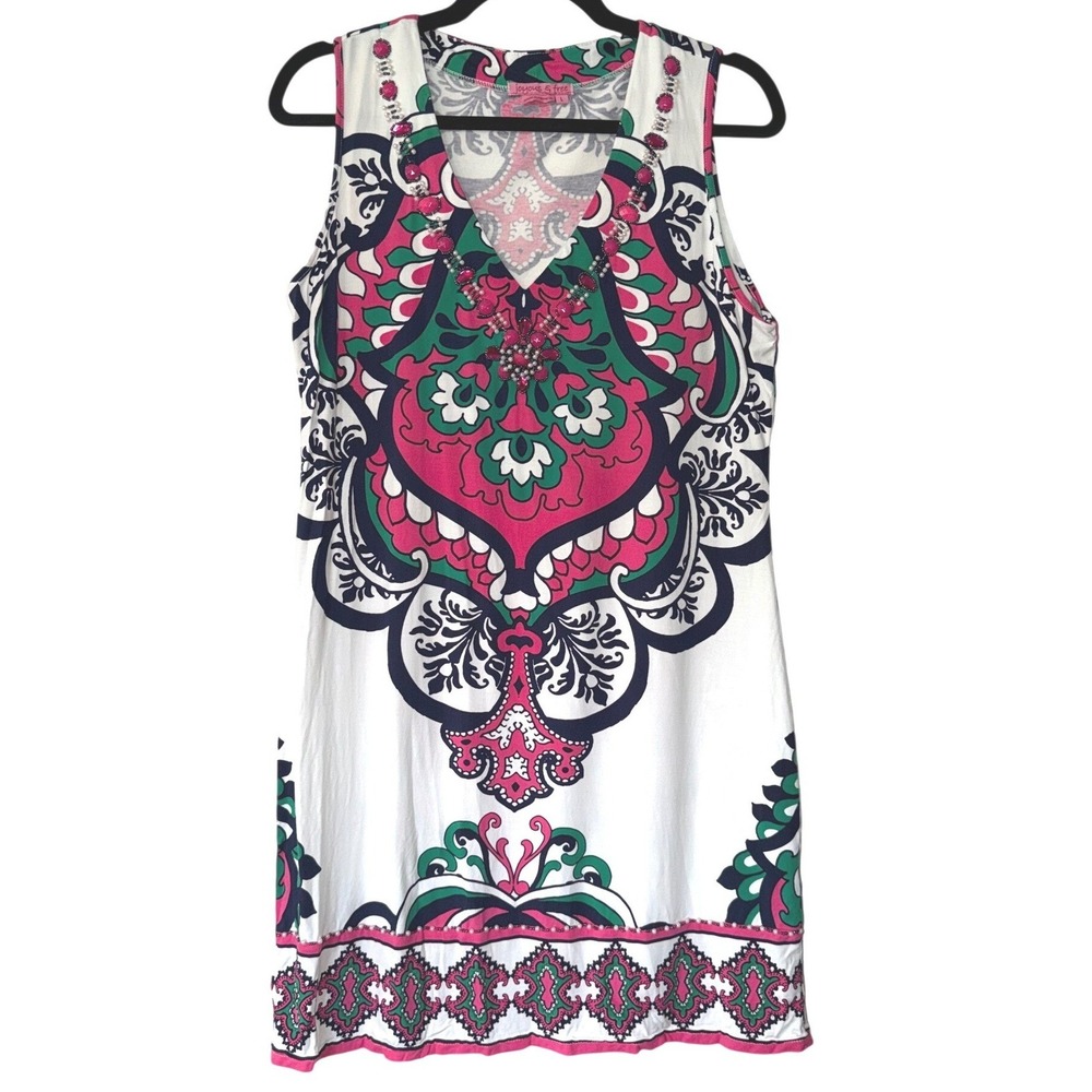 Joyous & Free Large Pink Green Paisley Beaded V-Neck Sleeveless‎ Shift Dress